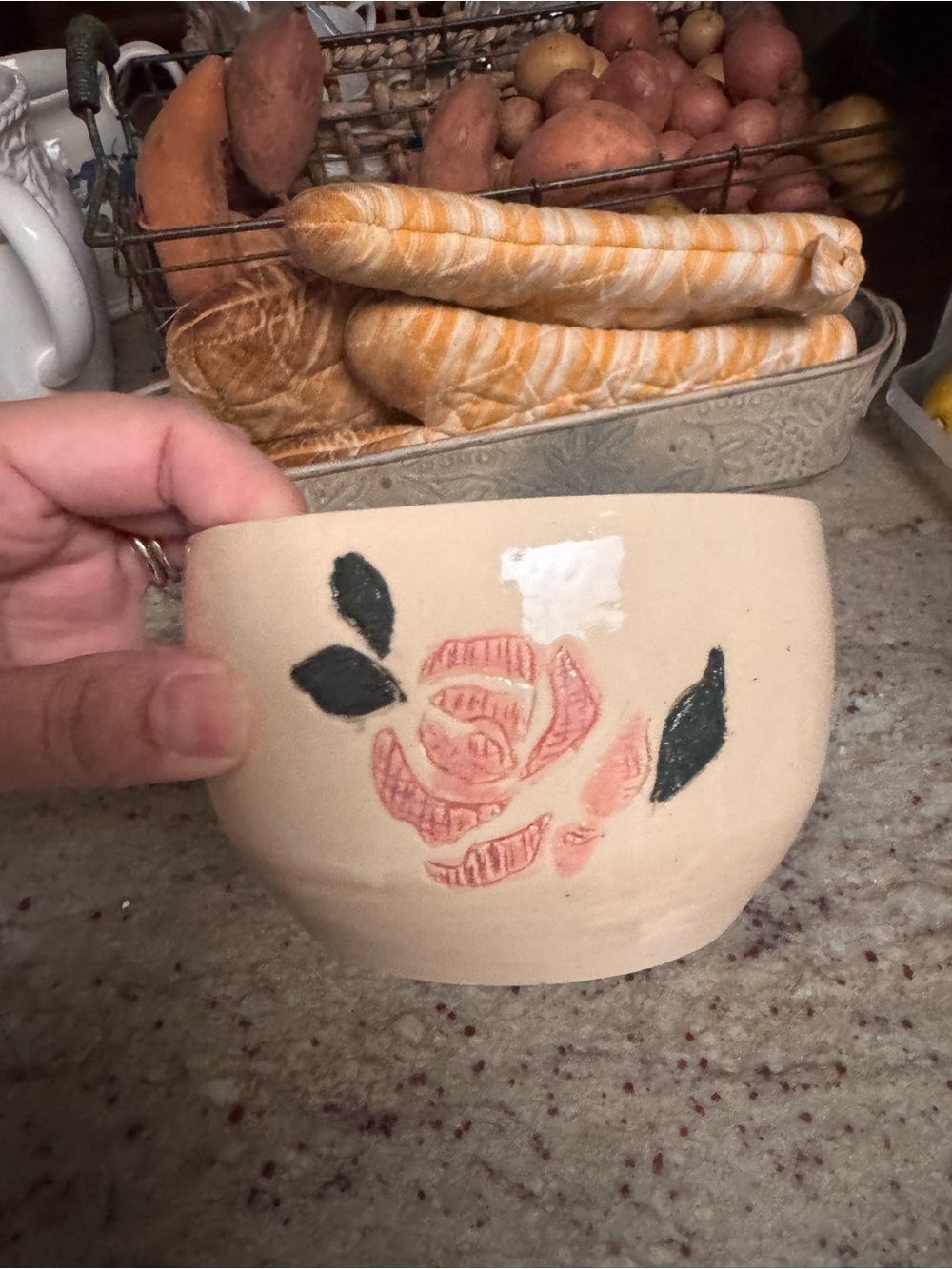 Handcrafted Cream Ceramic Bowl with Pink Rose Motif